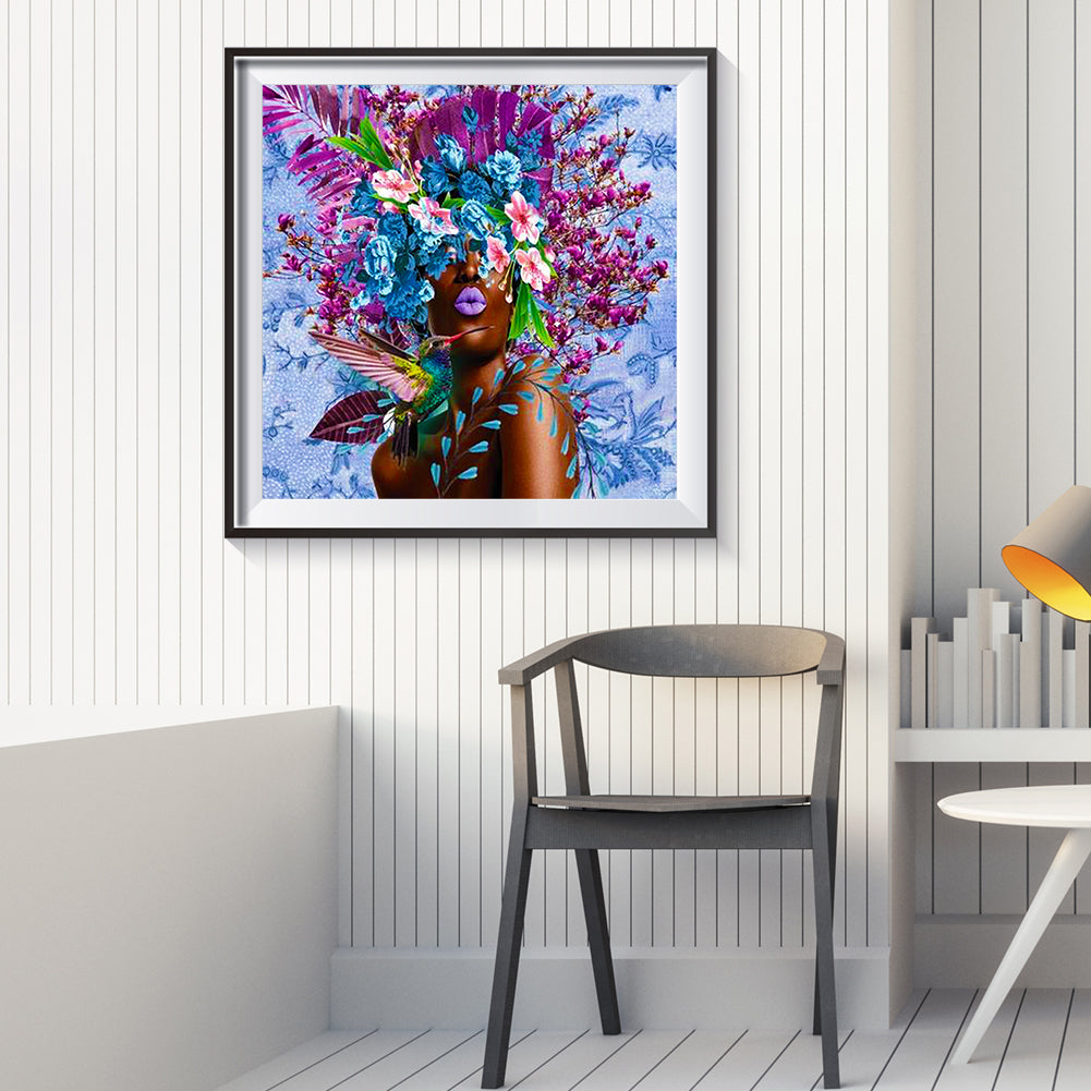 Black Woman With Flower - Full Round Drill Diamond Painting 40*40CM