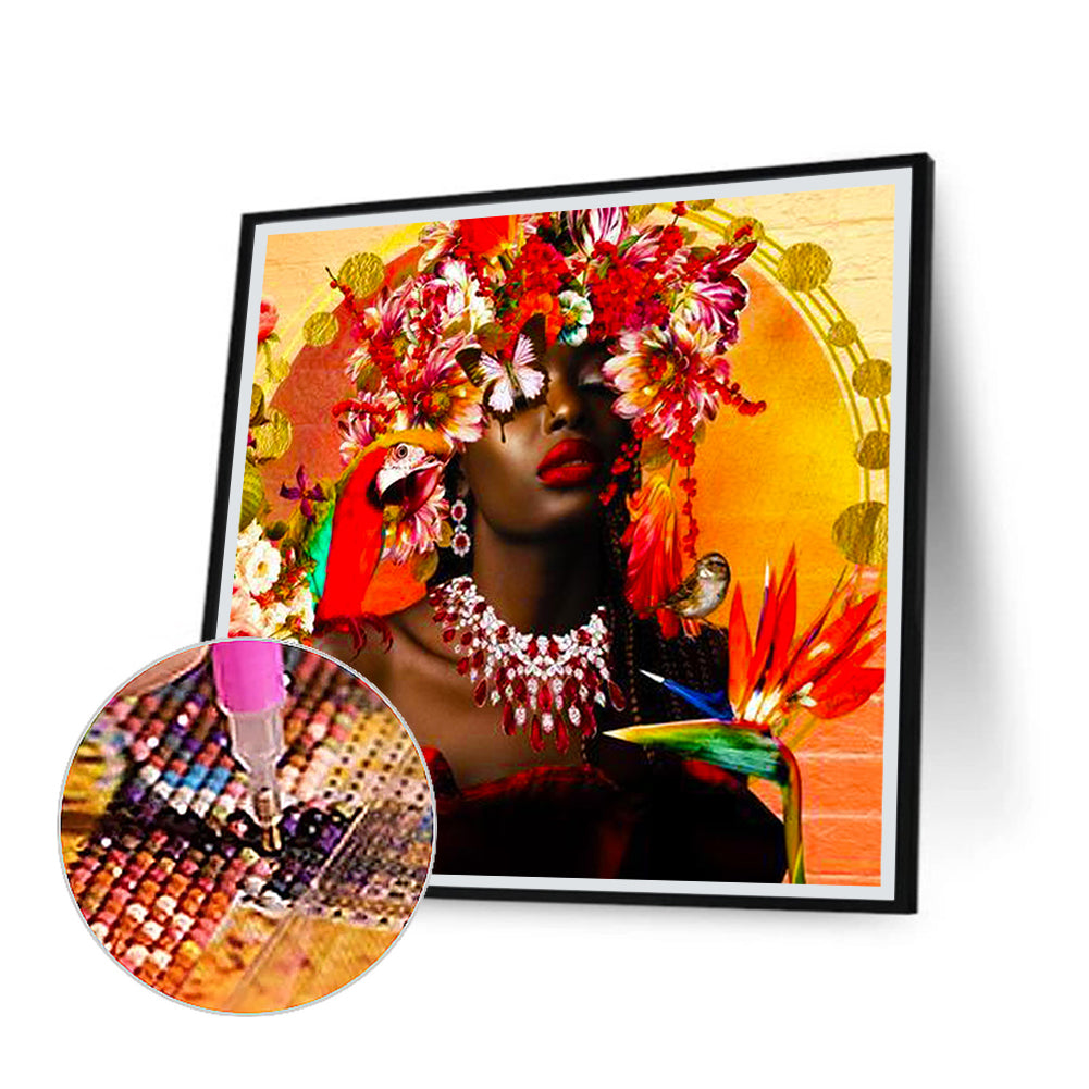 Black Woman With Flower - Full Round Drill Diamond Painting 40*40CM