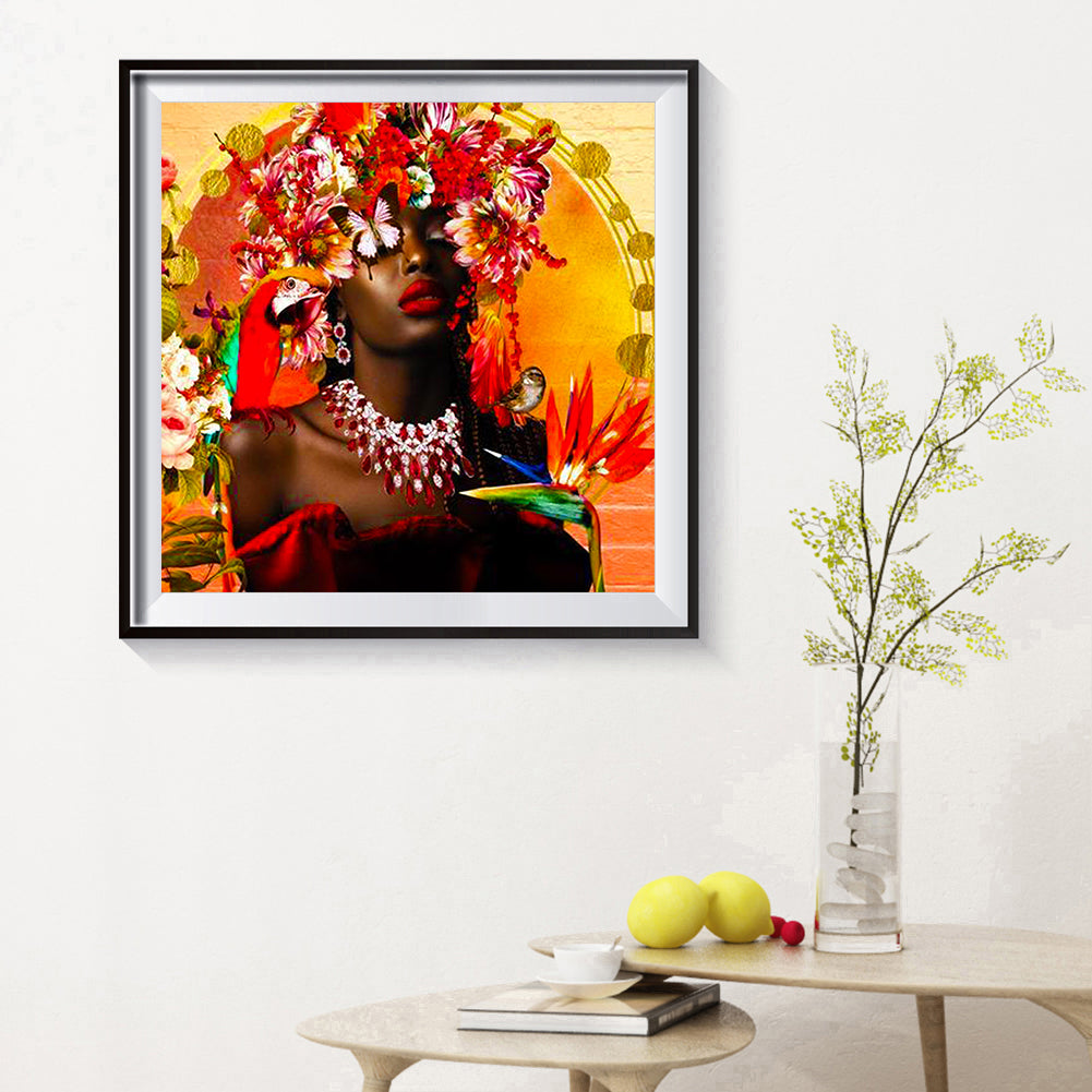 Black Woman With Flower - Full Round Drill Diamond Painting 40*40CM