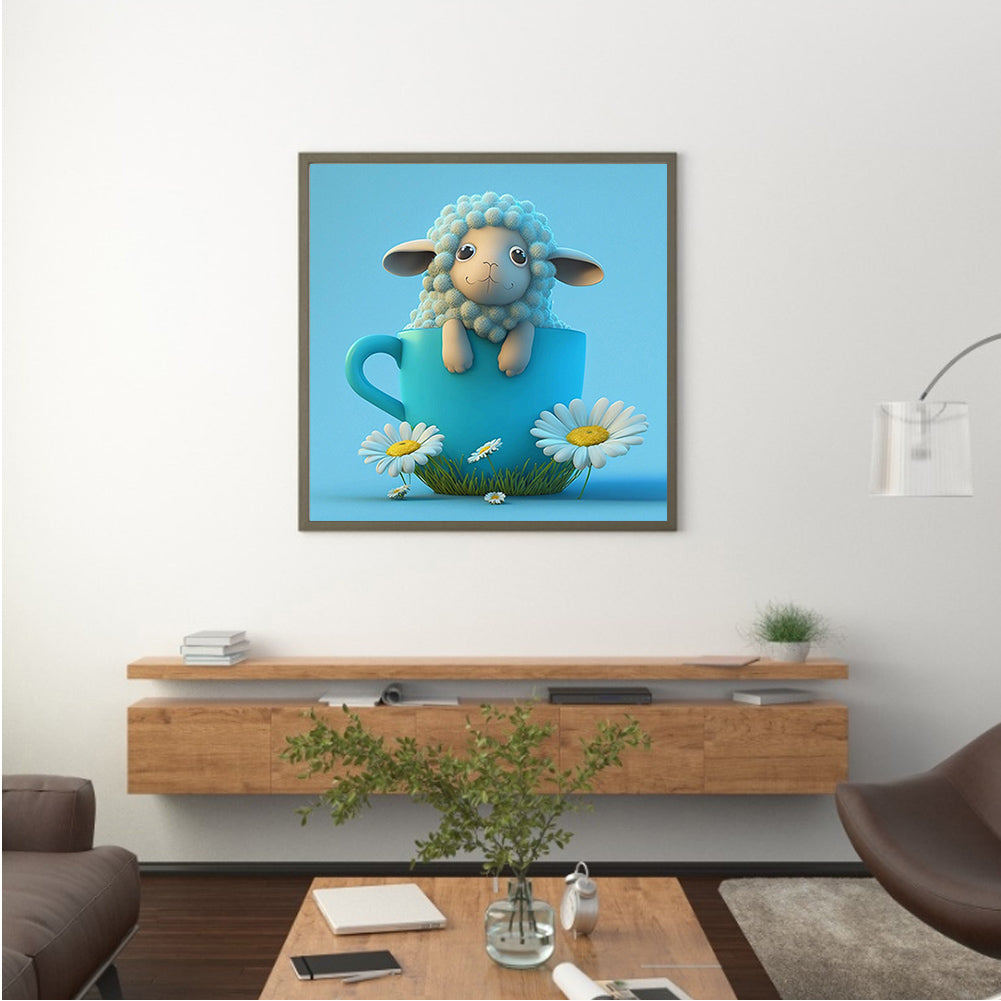 Light Blue Potted Zodiac Sheep - Full Round Drill Diamond Painting 30*30CM