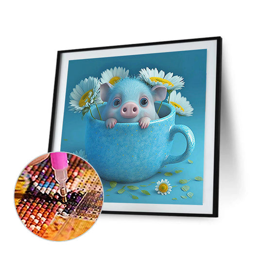 Light Blue Potted Plant Zodiac Pig - Full Round Drill Diamond Painting 30*30CM