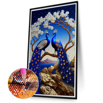 Blue Peacock - Full Round Drill Diamond Painting 40*70CM