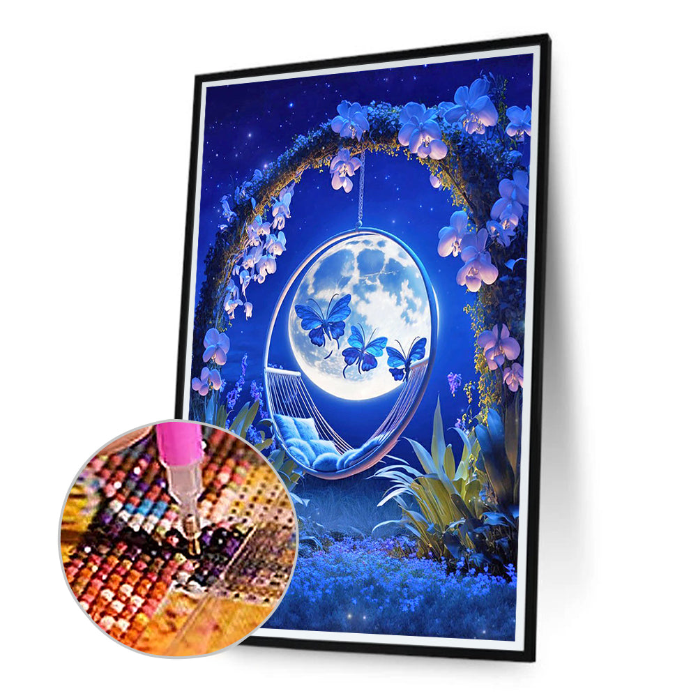 Butterfly Flower Swing Under The Moon - Full Round Drill Diamond Painting 40*60CM