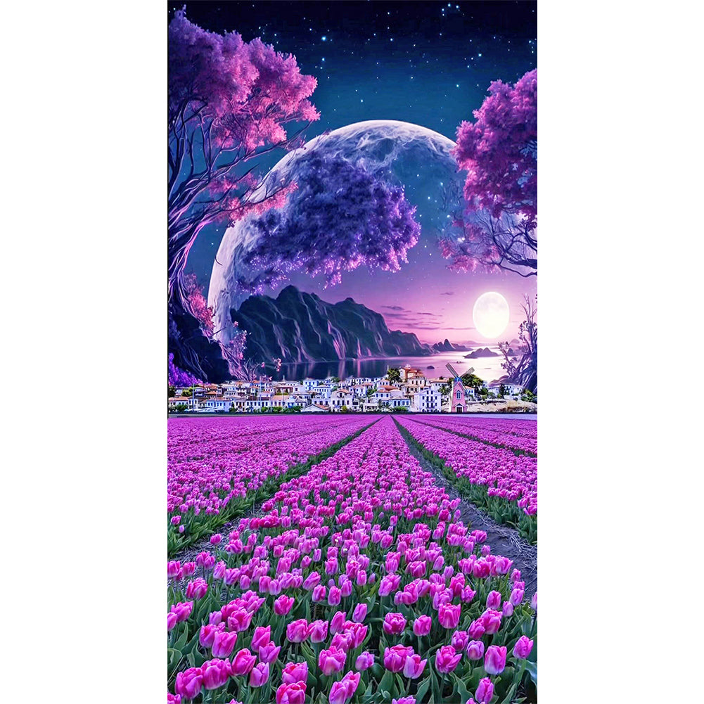 Purple Tulip Flower Sea Village - Full Round Drill Diamond Painting 40*70CM