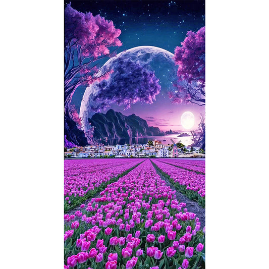 Purple Tulip Flower Sea Village - Full Round Drill Diamond Painting 40*70CM