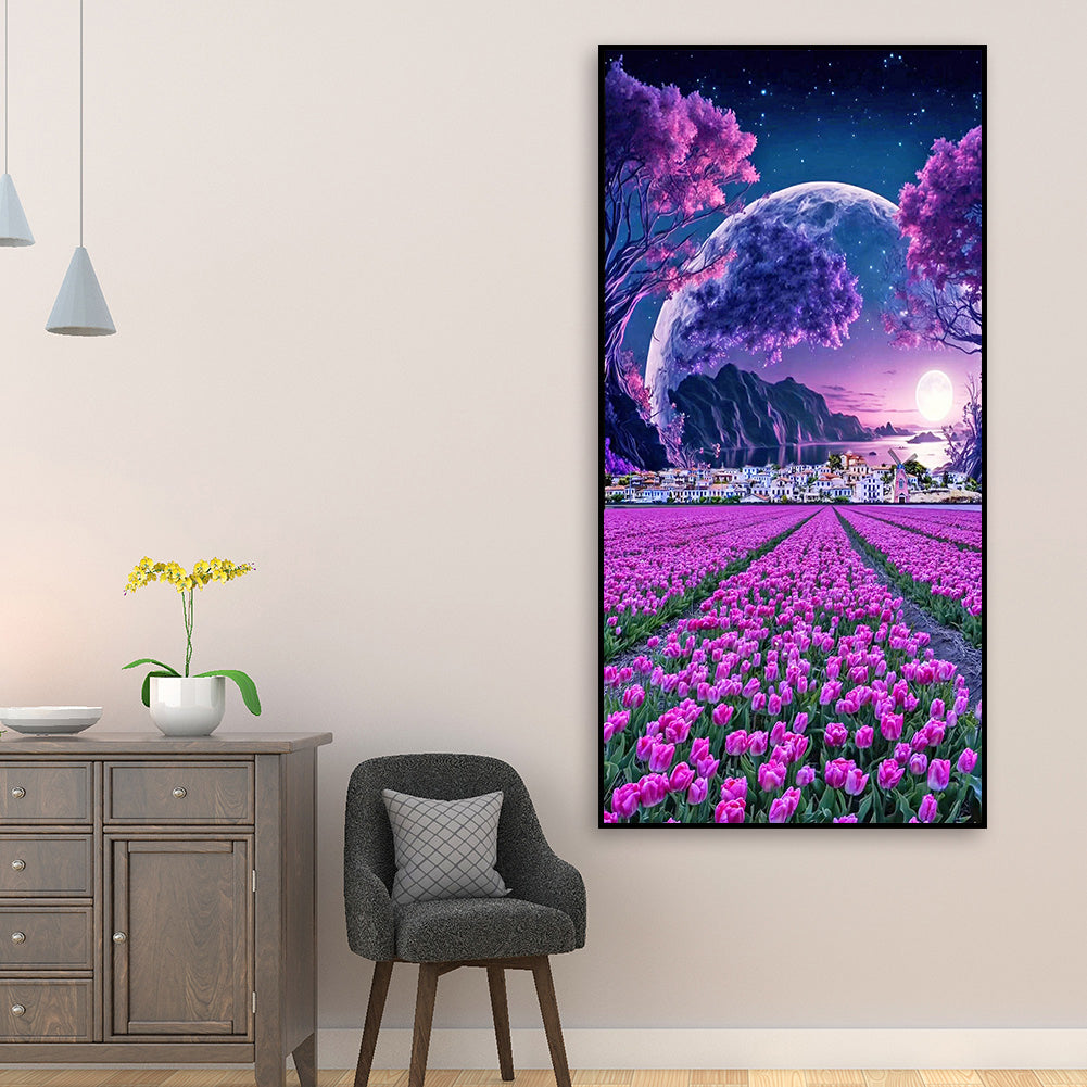 Purple Tulip Flower Sea Village - Full Round Drill Diamond Painting 40*70CM
