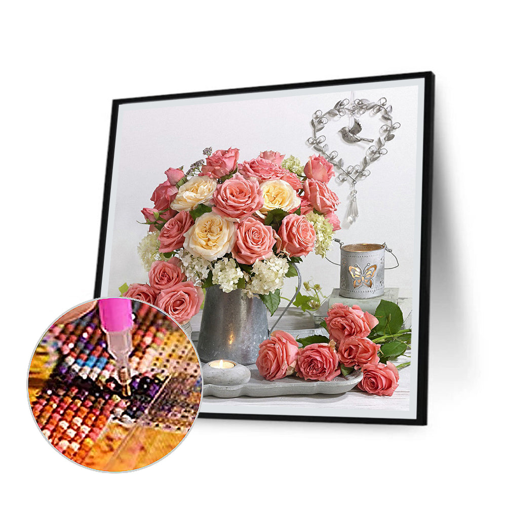 Pink And White Rose Bouquet - Full Round Drill Diamond Painting 30*30CM