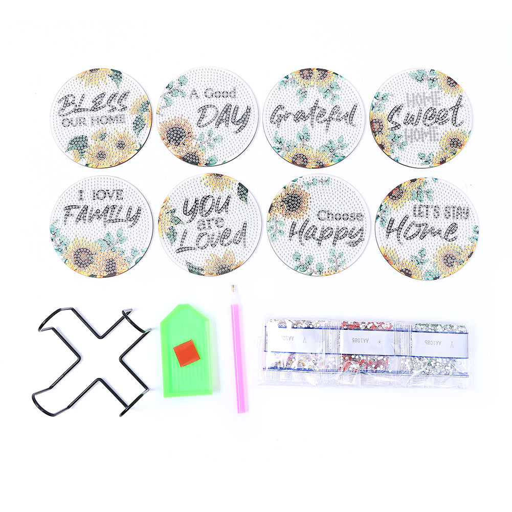 8pcs Cork Coasters Creative DIY Cup Coasters with Holder for Table Home Decor(Sunflower Alphabet)