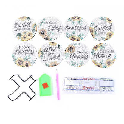 8pcs Cork Coasters Creative DIY Cup Coasters with Holder for Table Home Decor(Sunflower Alphabet)