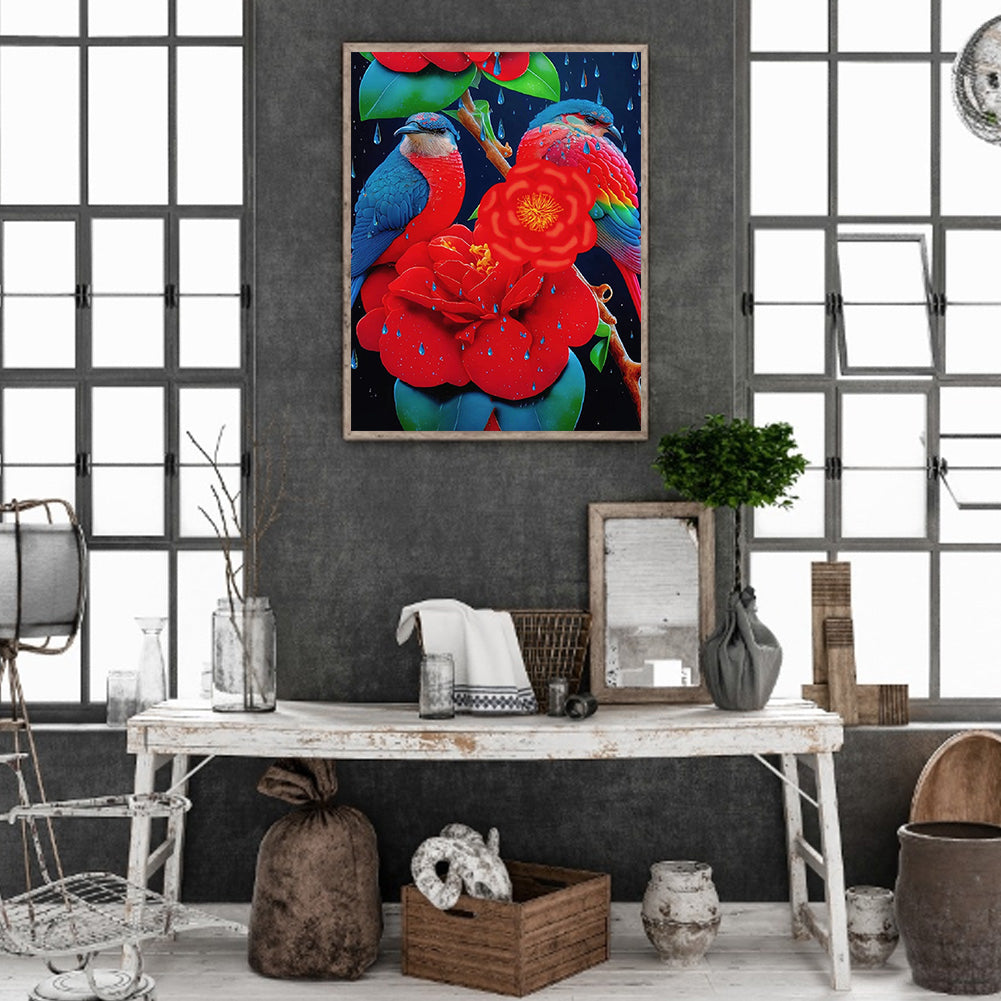 Red Flower Parrot - Full Round Drill Diamond Painting 30*40CM