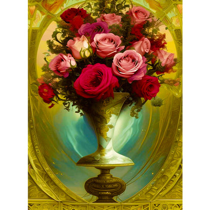 Gorgeous Rose Bouquet In Vase - Full Round Drill Diamond Painting 30*40CM