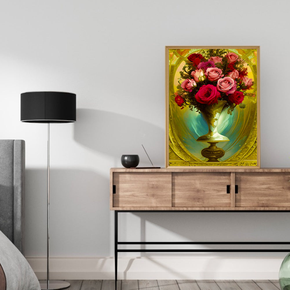 Gorgeous Rose Bouquet In Vase - Full Round Drill Diamond Painting 30*40CM