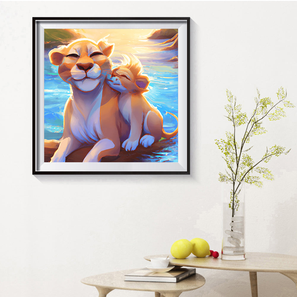 Lion Mother And Son - Full Round Drill Diamond Painting 30*30CM