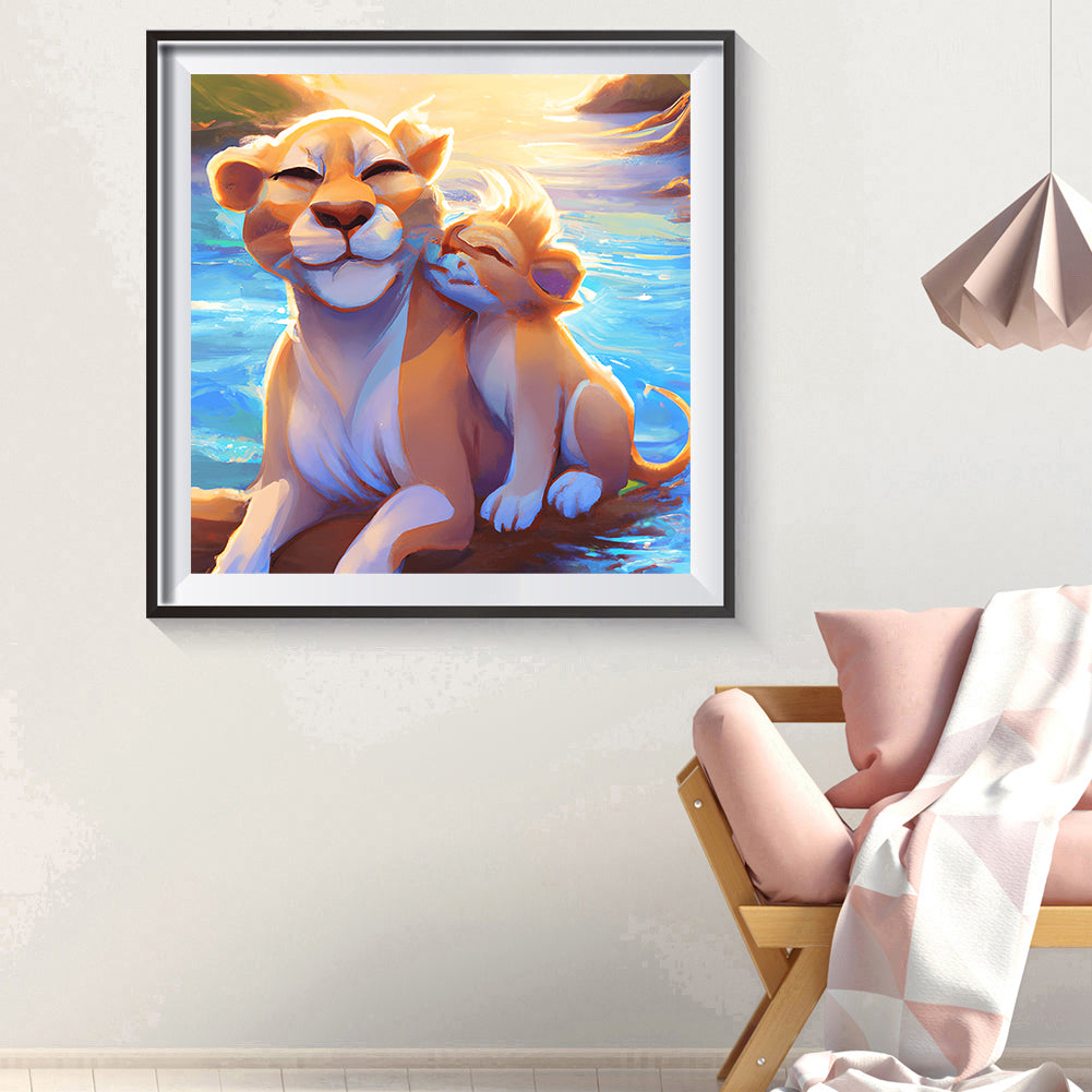 Lion Mother And Son - Full Round Drill Diamond Painting 30*30CM