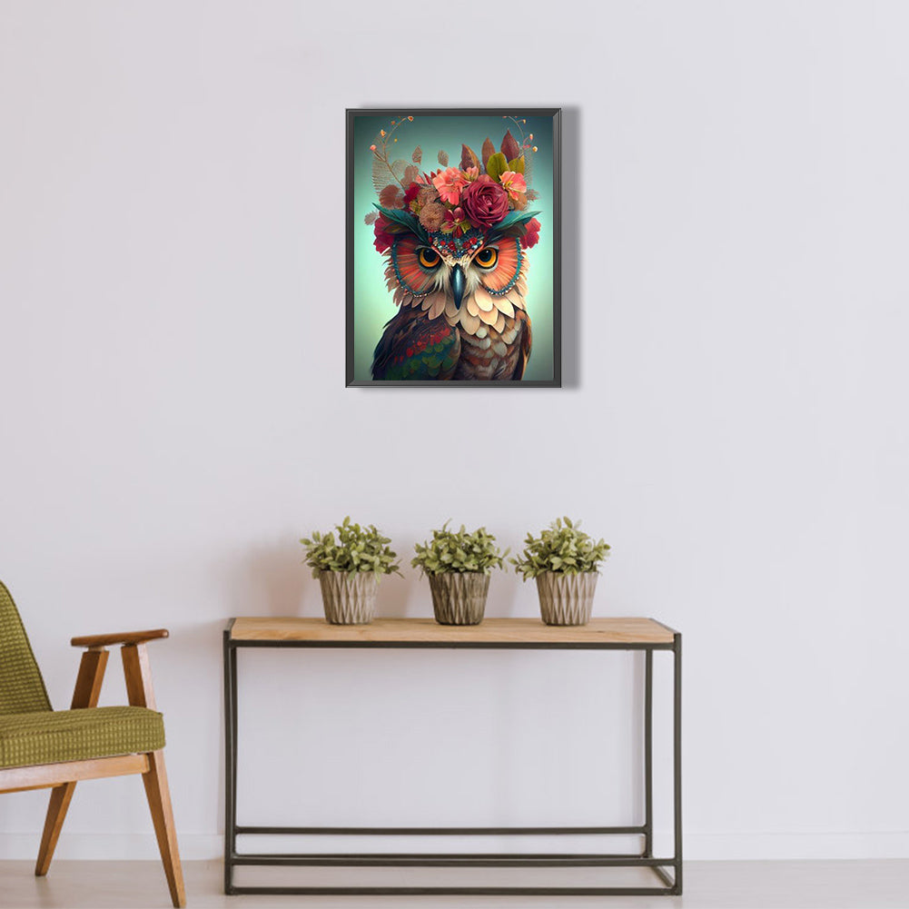 Owl With Flowers - Full Round Drill Diamond Painting 30*40CM