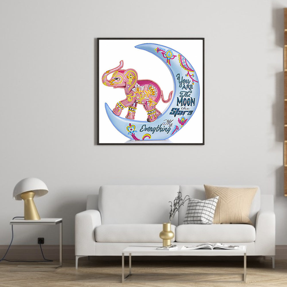 Crescent Moon Colorful Elephant - Special Shaped Drill Diamond Painting 30*30CM