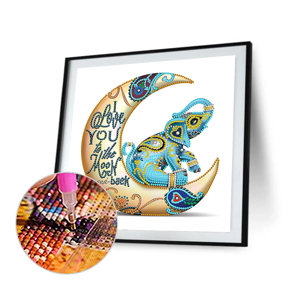 Crescent Moon Colorful Elephant - Special Shaped Drill Diamond Painting 30*30CM