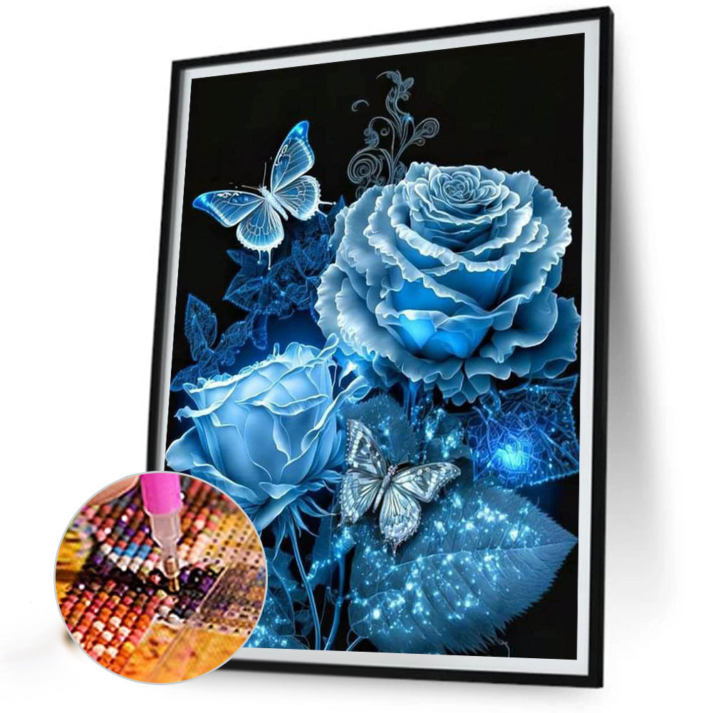 Blue Butterfly Rose - Full Round Drill Diamond Painting 30*40CM