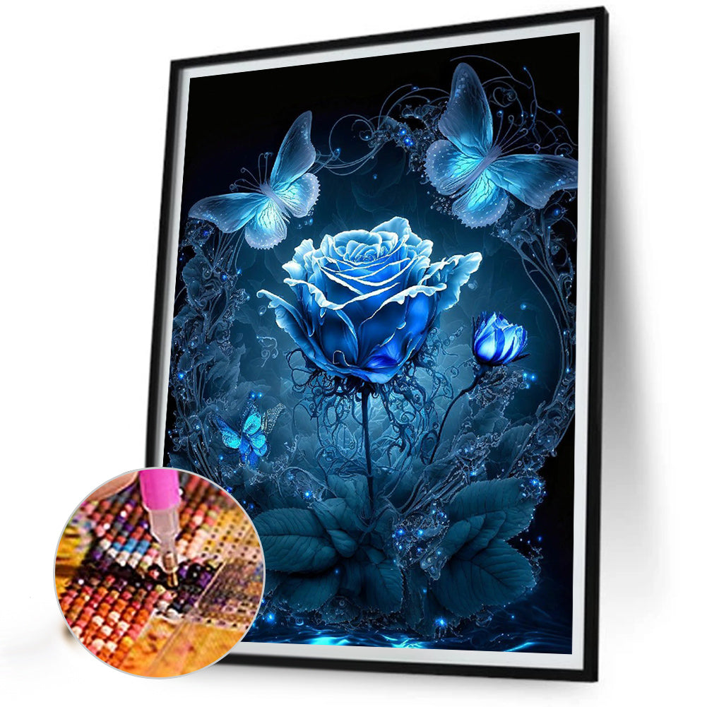 Blue Butterfly Rose - Full Round Drill Diamond Painting 30*40CM