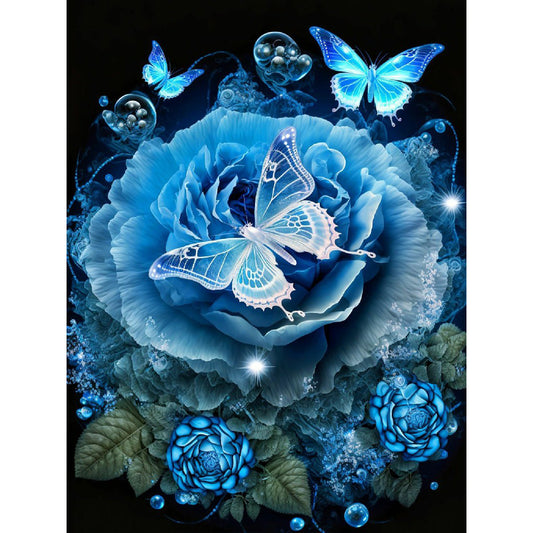 Blue Butterfly Rose - Full Round Drill Diamond Painting 30*40CM