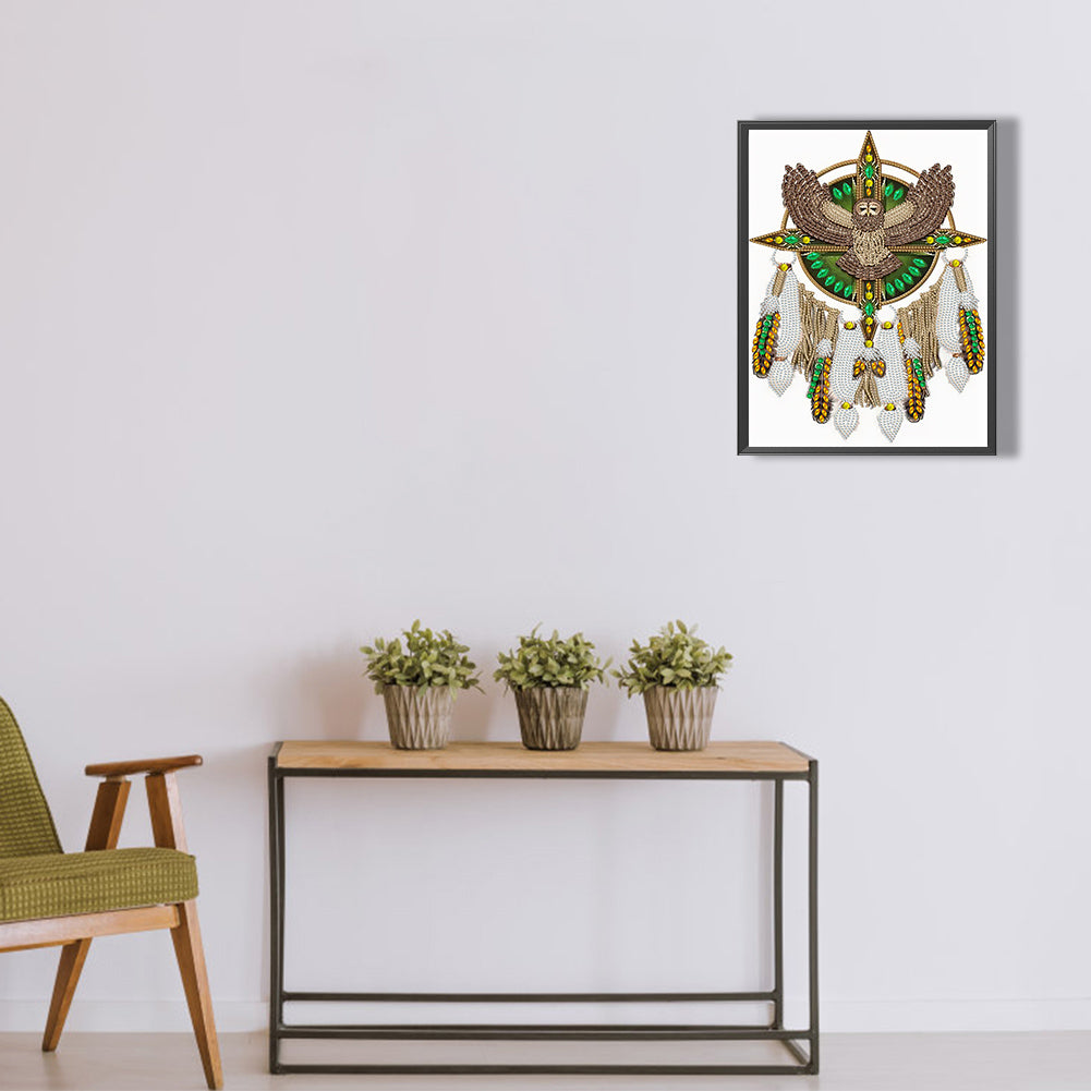 Gray Owl Mandala Dream Catcher - Special Shaped Drill Diamond Painting 30*40CM