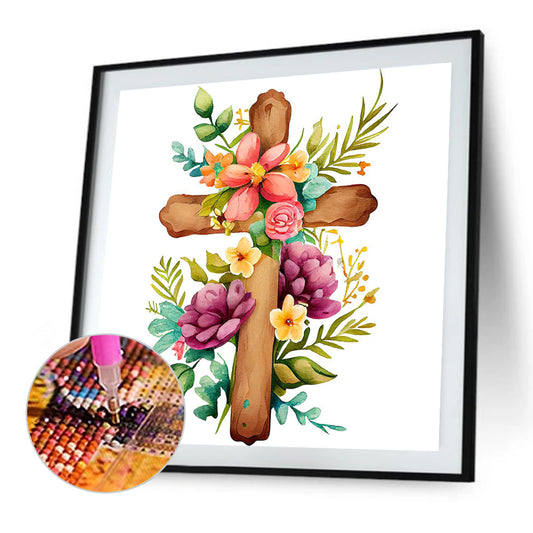Wooden Flower Cross - Full Round Drill Diamond Painting 30*30CM