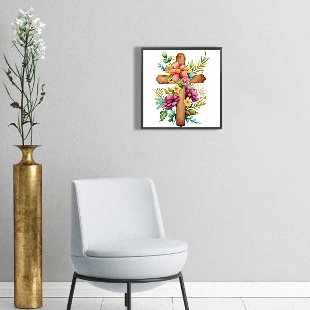 Wooden Flower Cross - Full Round Drill Diamond Painting 30*30CM