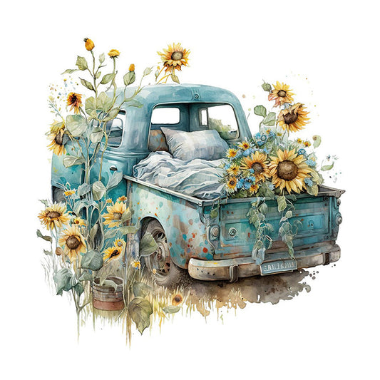 Retro Nostalgic Sunflower Truck - Full Round Drill Diamond Painting 30*30CM