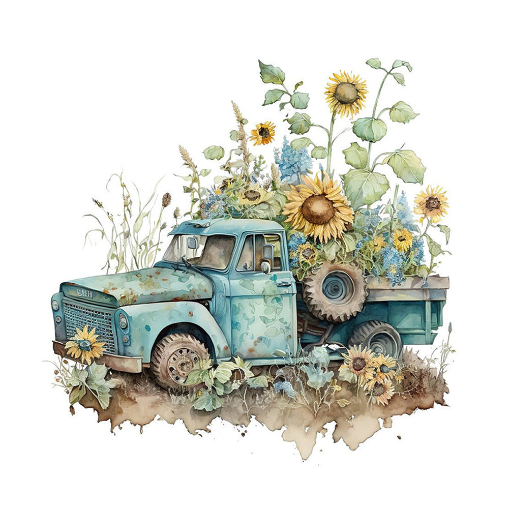 Retro Nostalgic Sunflower Truck - Full Round Drill Diamond Painting 30*30CM