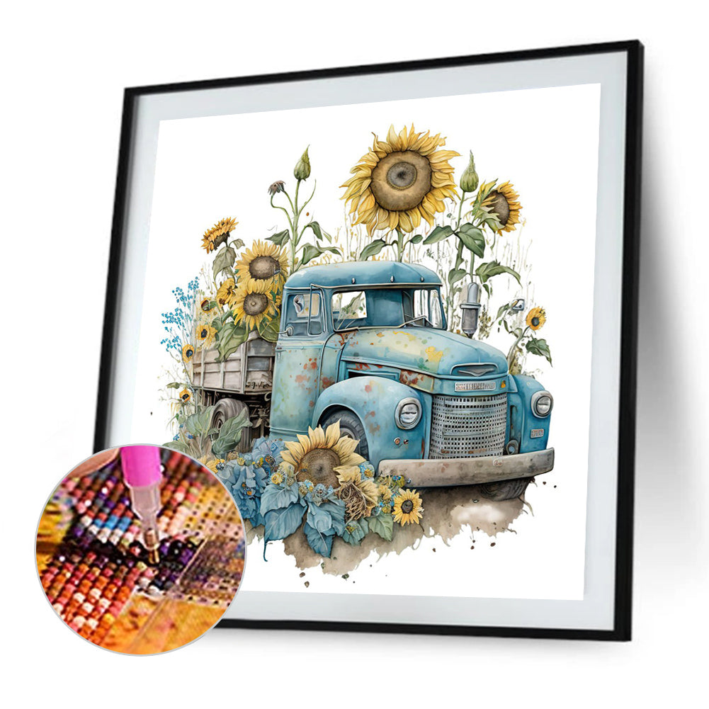 Retro Nostalgic Sunflower Truck - Full Round Drill Diamond Painting 30*30CM