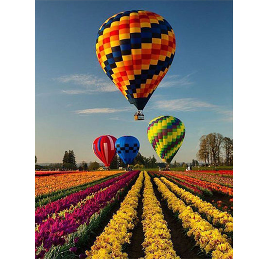 Hot Air Balloon Over Sea Of Flowers - Full Round Drill Diamond Painting 30*40CM