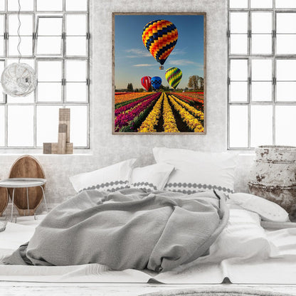 Hot Air Balloon Over Sea Of Flowers - Full Round Drill Diamond Painting 30*40CM