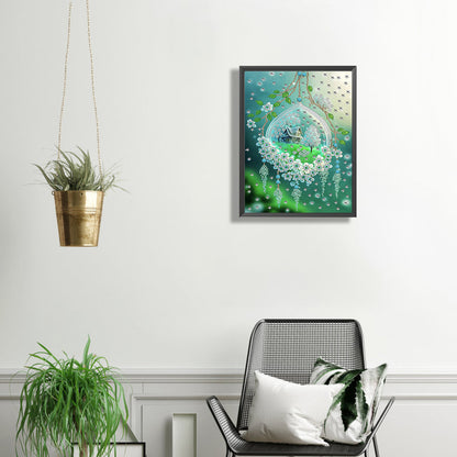 Green Leaf Water Drop Microcosm - Special Shaped Drill Diamond Painting 30*40CM