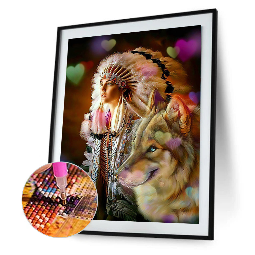 Indian And Wolf - Full Round Drill Diamond Painting 50*60CM