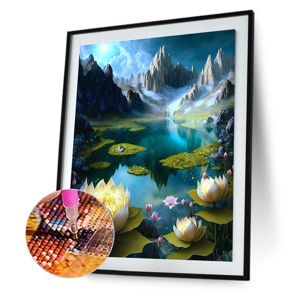 Lotus Pond At The Foot Of The Mountain - Full Round Drill Diamond Painting 40*50CM