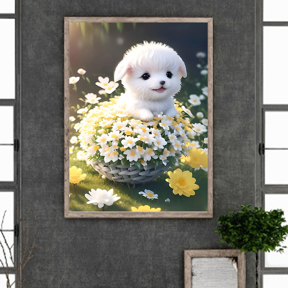 Puppy In Flower Basket 30*40Ccm(canvas) full round drill diamond painting