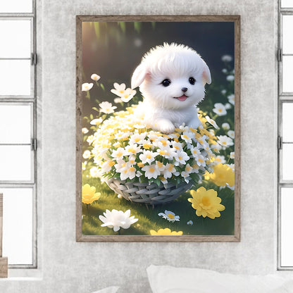 Puppy In Flower Basket 30*40Ccm(canvas) full round drill diamond painting