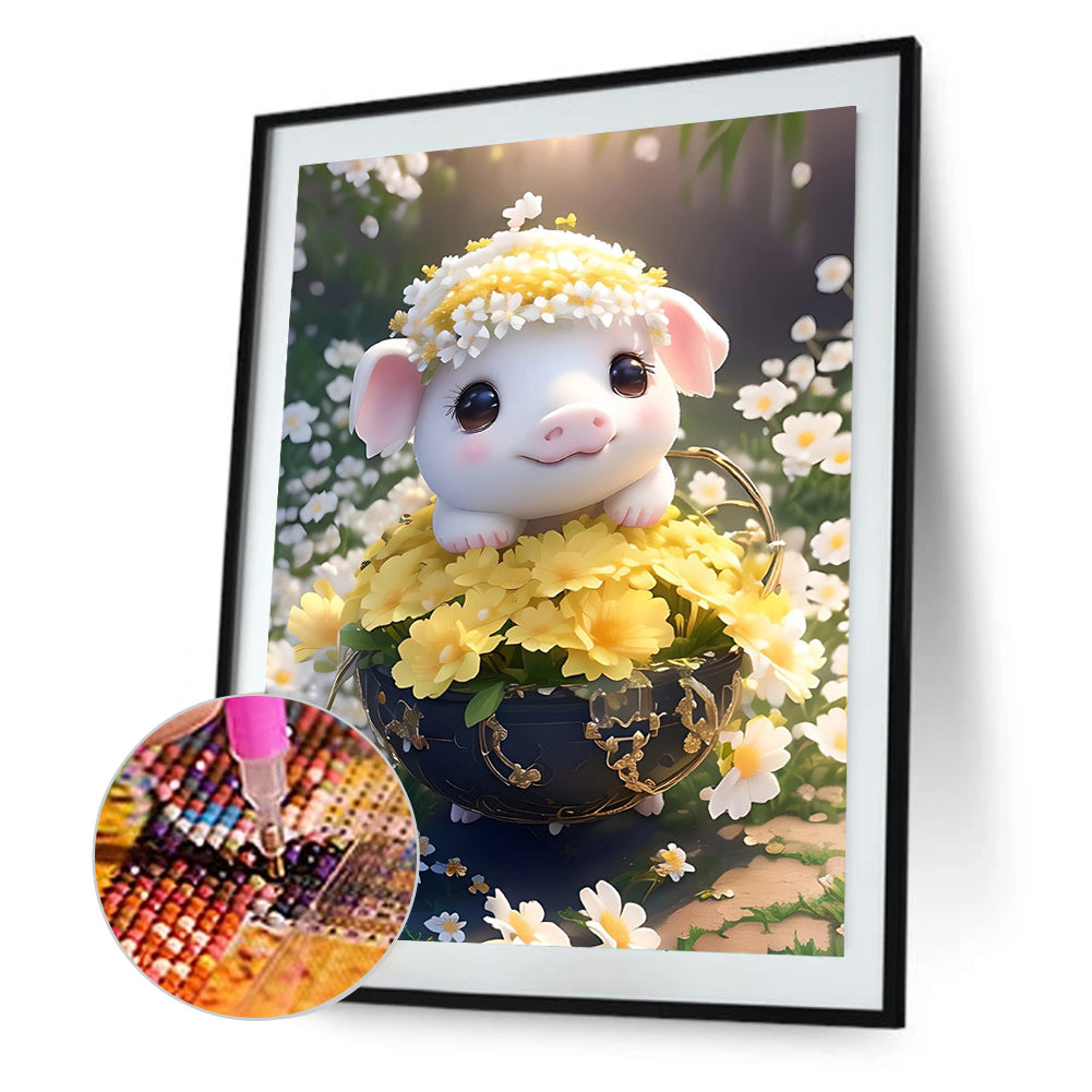 Pig In Flower Basket 30*40Ccm(canvas) full round drill diamond painting