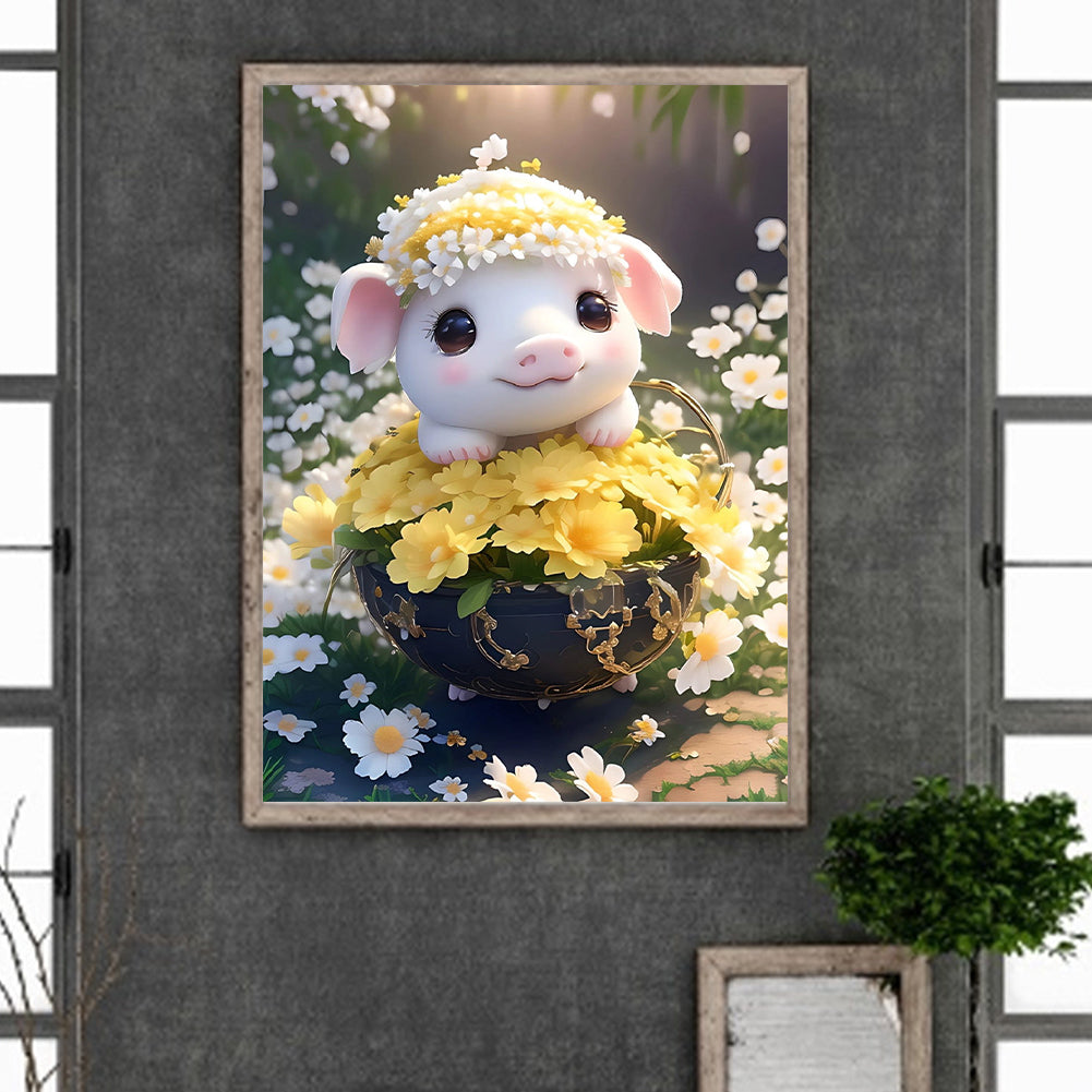 Pig In Flower Basket 30*40Ccm(canvas) full round drill diamond painting