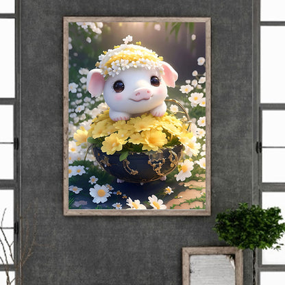 Pig In Flower Basket 30*40Ccm(canvas) full round drill diamond painting