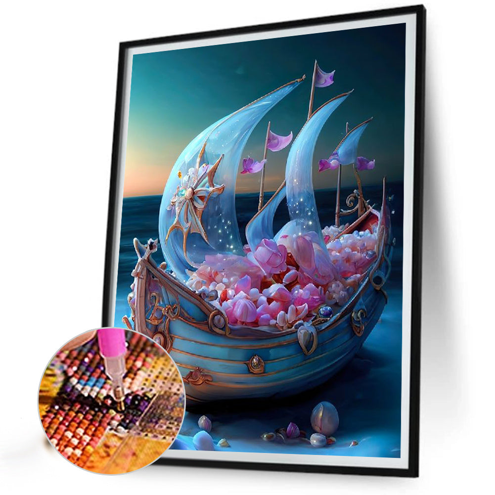 Sailing Boat Full Of Flowers 30*40Ccm(canvas) full round drill diamond painting