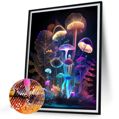 Glowing Mushrooms In Tree Bushes 30*40Ccm(canvas) full round drill diamond painting