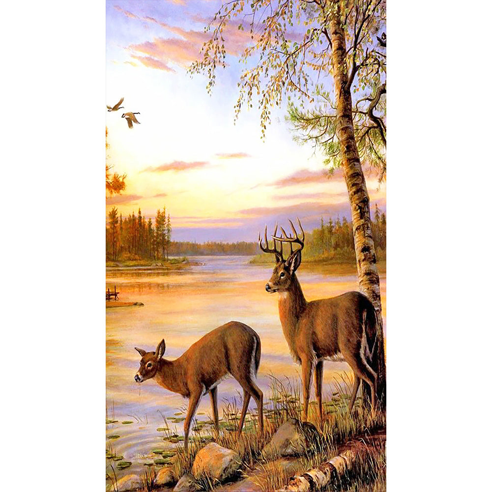 Elk By The River - Full Round Drill Diamond Painting 40*70CM