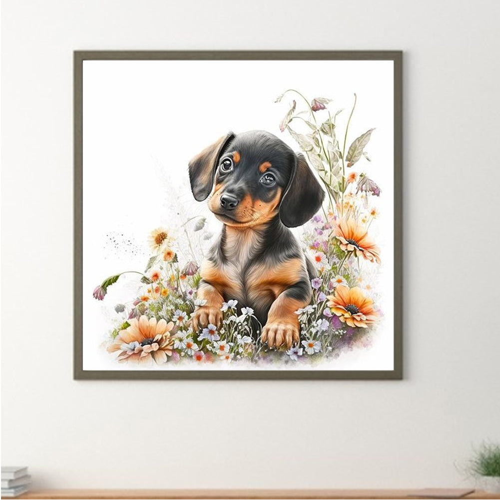 Puppy Looking At Flowers - Full Round Drill Diamond Painting 30*30CM