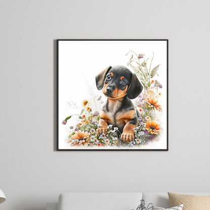 Puppy Looking At Flowers - Full Round Drill Diamond Painting 30*30CM