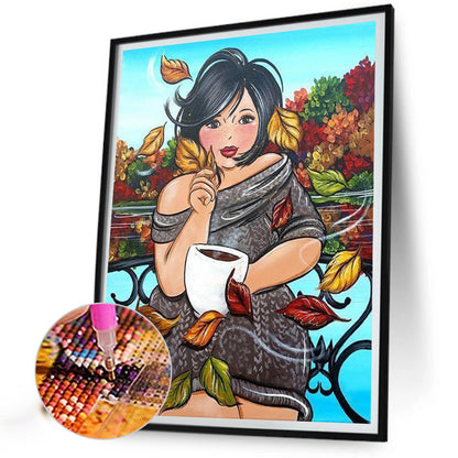 Woman Drinking Coffee - Full Round Drill Diamond Painting 30*40CM