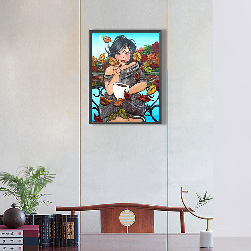 Woman Drinking Coffee - Full Round Drill Diamond Painting 30*40CM