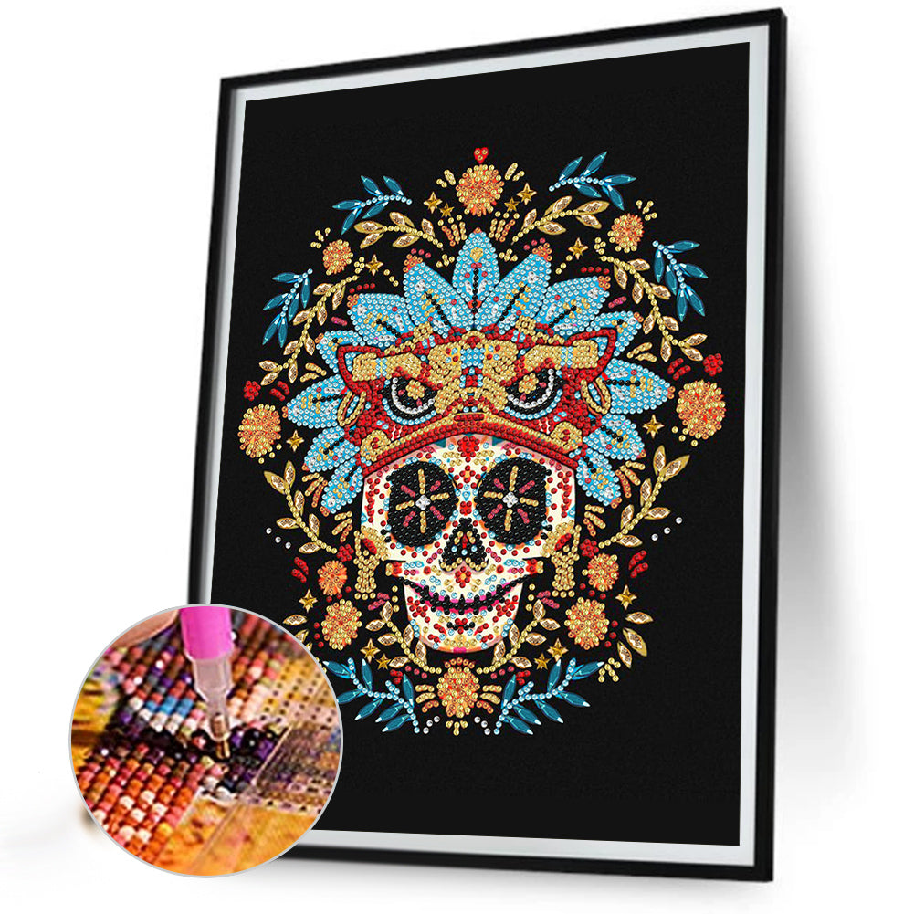 Skull Surrounded By Flowers - Special Shaped Drill Diamond Painting 30*40CM