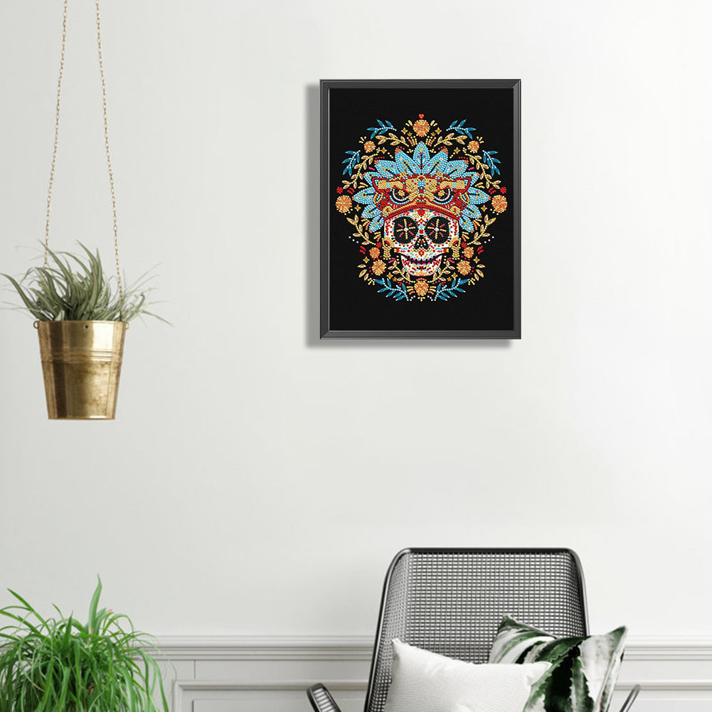 Skull Surrounded By Flowers - Special Shaped Drill Diamond Painting 30*40CM