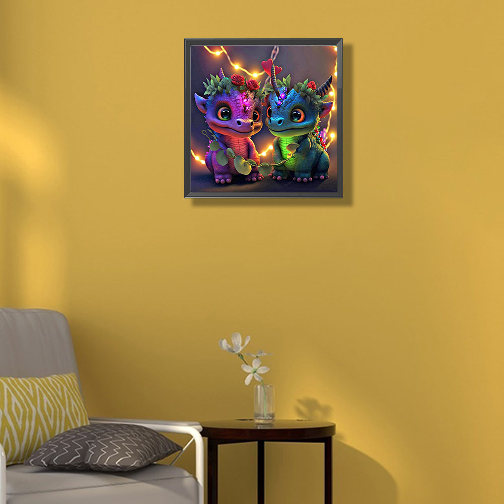 The Lights Twine Around The Two Dinosaurs In Costumes 40*40Ccm(canvas) full round drill diamond painting